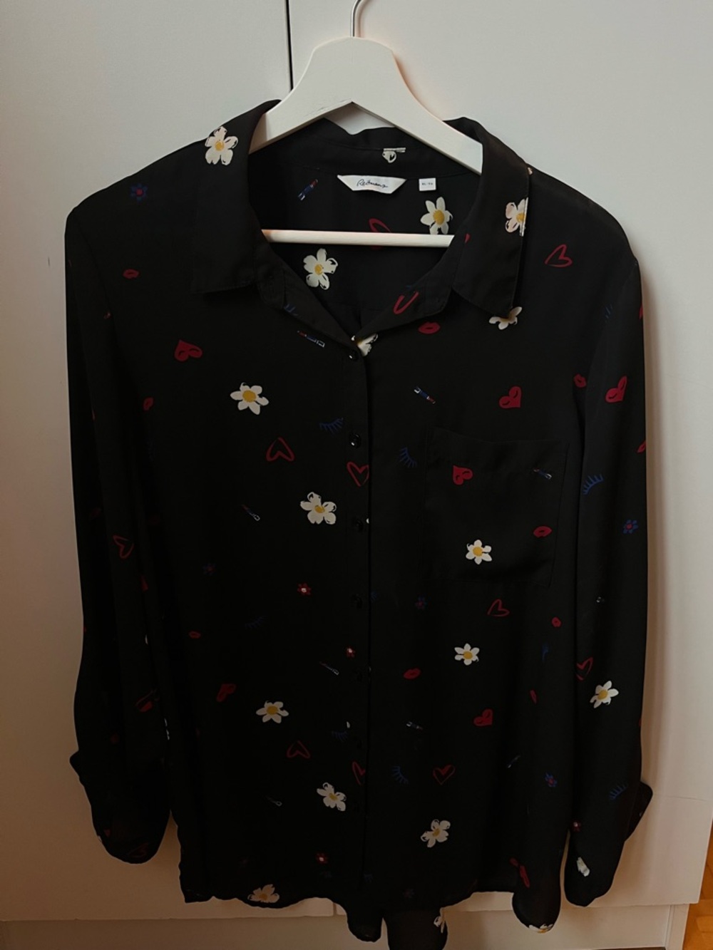 Reitmans Black Button-Down Shirt with Floral & Heart Print